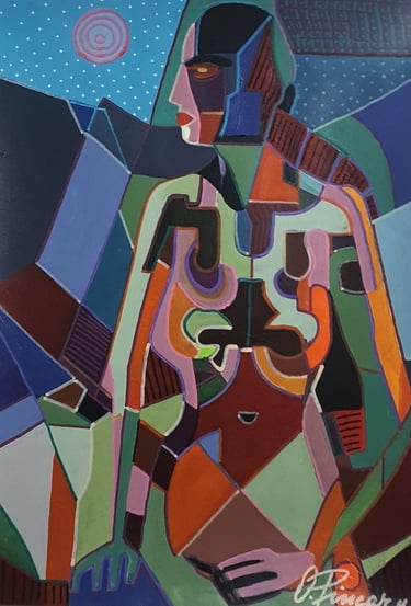 Kubistisch-figuratives Frauenprofil mit Halo vor Sternhimmel – Feminine Majestät I, 30×42 cm.