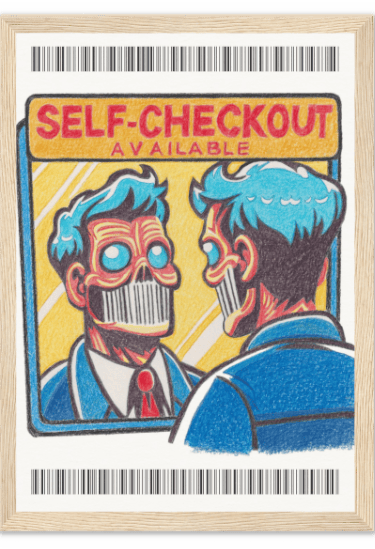 illustration satirique au crayon de couleur "self-checkout" imprimée poster