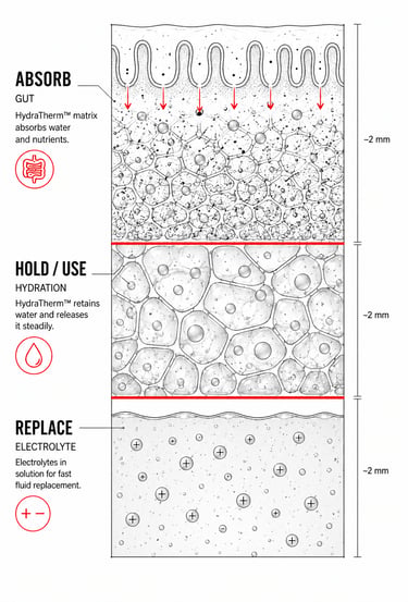 HydraTherm three-layer hydration system showing the electrolyte layer, the hydration layer and the g