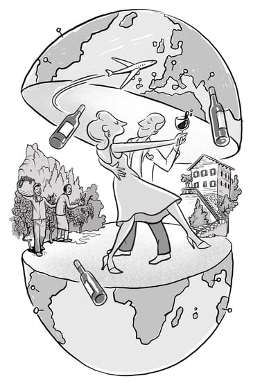 Illustration of a couple dancing inside a globe surrounded by wine bottles, vineyards, and travel imagery.