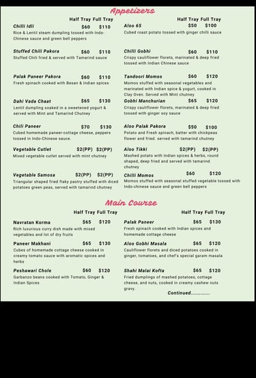 Catering Menu of Pure Vegetarian Indian Cuisine
