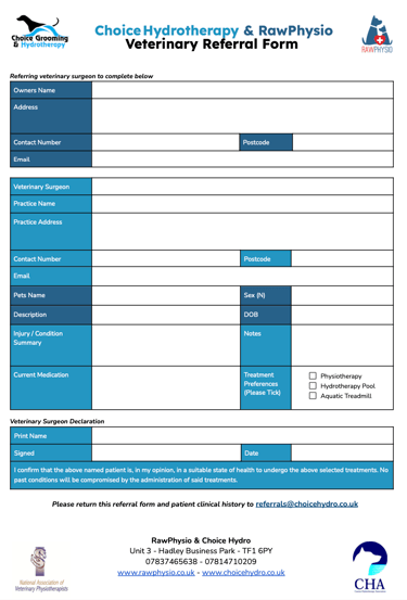 rawphysio and choice hydrotherapy referral form