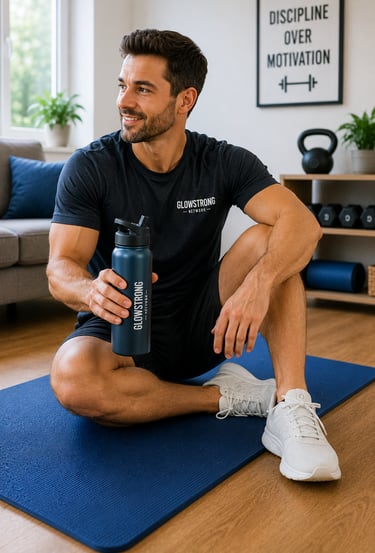 Man holding a reusable water bottle after a home workout while sitting on an exercise mat