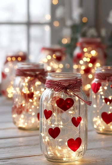 DIY Mason jars decorated with red hearts and glowing fairy lights for Valentine's Day decor.