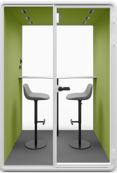 Type T-01: Two-person pod with high stools and a bar-height table, green interior walls