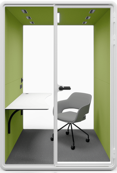Type T-03: Two-person pod with wide desk and office chair, green walls and ceiling lighting