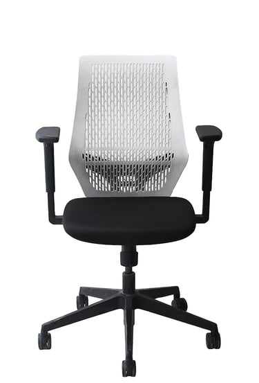 Sensit T145 clerical chair with white perforated plastic back and black seat, front view