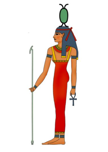 Illustration of Egyptian goddess Neith in a red dress holding a scepter and ankh symbol.