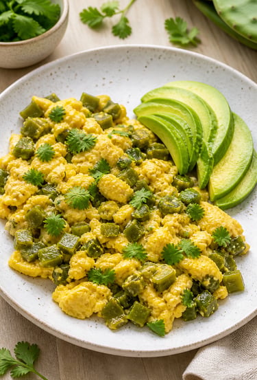 Huevos revueltos con nopales y aguacate, desayuno mexicano saludable bajo en carbohidratos