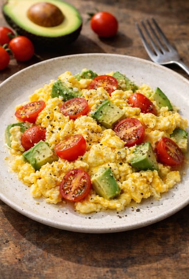 Revuelto cremoso de huevos con aguacate y tomates cherry, sazonado con sal marina y pimienta negra,