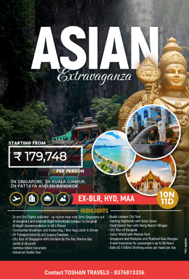 Best Southeast Asia tour package covering Singapore, Malaysia, Bangkok and Pattaya by Toshan Travels