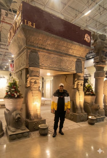 Custom designed exhibition stand with historical architecture and statues at an international trade 