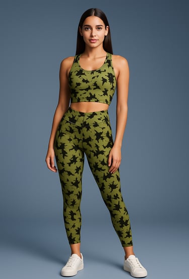 a woman in a green camo print sports bra top