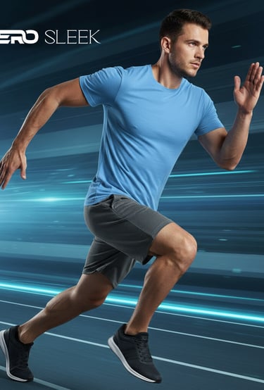 a man running on a track with a blue shirt
