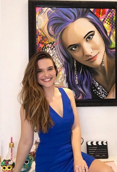 Contemporary pop-art works adorn the gallery walls.