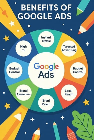 Google Ads benefits infographic with key advantages for businesses.