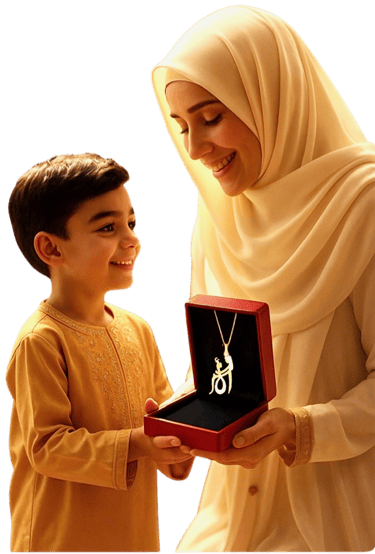 A woman in a hijab wearing a gold necklace from the Mother Holding Child (ALOUUM) collection