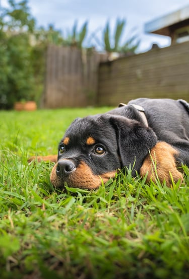 Portrait animalier d’un chiot rottweiler allongé dans l’herbe, par Théo Vonderscher
