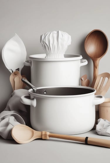 a cooking pot with a chef hat and cooking utensils