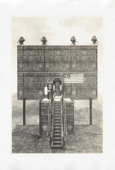Type 1.5.11. de Maxim Zmeyev : C.A.M.P. tour de guet de Fallout 76 avec drapeau, escalier et tourell