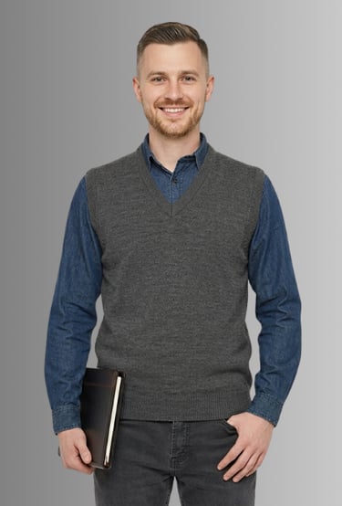Homem vestindo o colete gola V da Pietrino na cor Cinza Mescla em uma pose corporativa