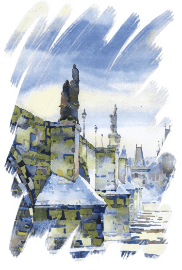 mystische Aquarell Zeichnung von Karls Brücke in Prag auf der Webseite über mystisches Prag