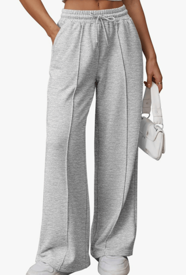 grey womens sweatpants wide legged with seam down the front of each leg
