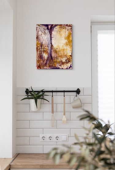 An abstract landscape hinting at a lake, trees in the foreground, and hills in the distance.