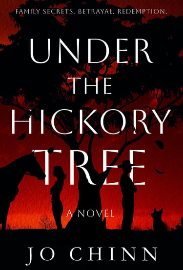 Silhouette of a man and a woman, back to back, under a hickory treee, framed against a blood red sky