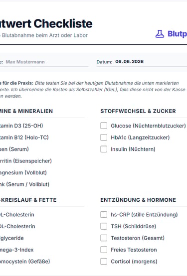 German blood test checklist for doctors including vitamins, minerals, and cholesterol values.