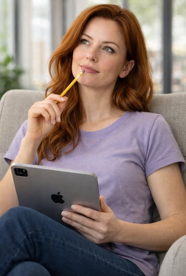 A thoughtful redhead woman holding a pencil and an iPad while brainstorming in a home office.