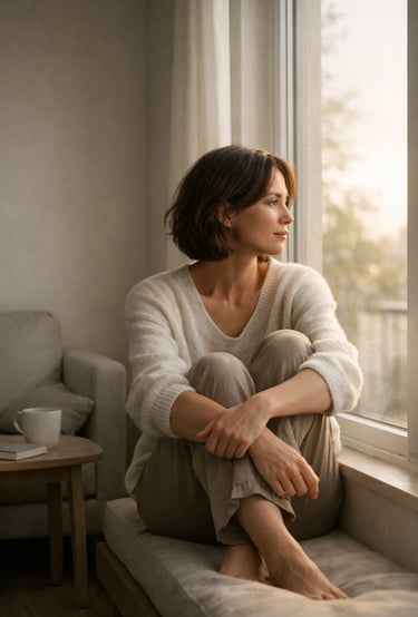 A woman in a cozy white sweater sitting by a window at sunset, looking out thoughtfully.