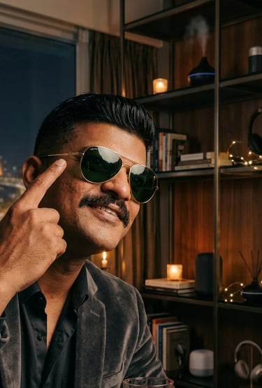 A stylish man with a mustache wearing gold-framed aviator sunglasses and a velvet blazer.
