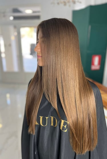 Woman with long, shiny straight brown hair after a professional salon keratin treatment.