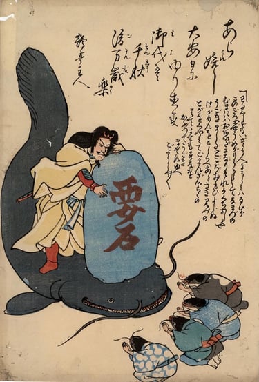 Takemikazuchi standing on top of a giant catfish namazu while baby namazu dressed in clothing bow