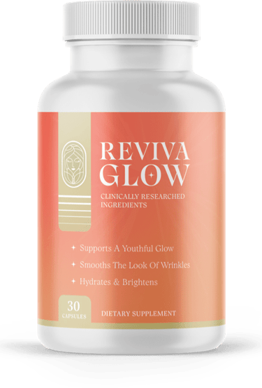 Reviva Glow dietary supplement bottle for youthful skin, hydration, and anti-wrinkle care.