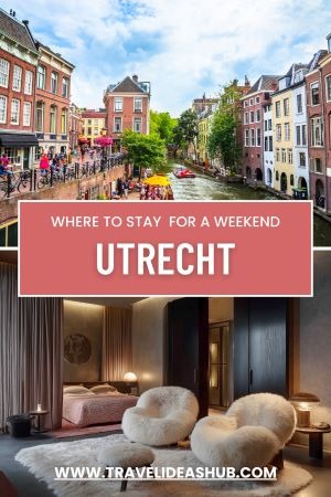 a multi-photo of a busy street with a canal in utrecht, a luxury bedroom of a hotel and a sticker wi