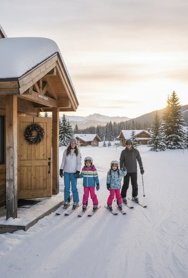 A family of four with two young children on skis standing in front of a cozy wooden mountain chalet 