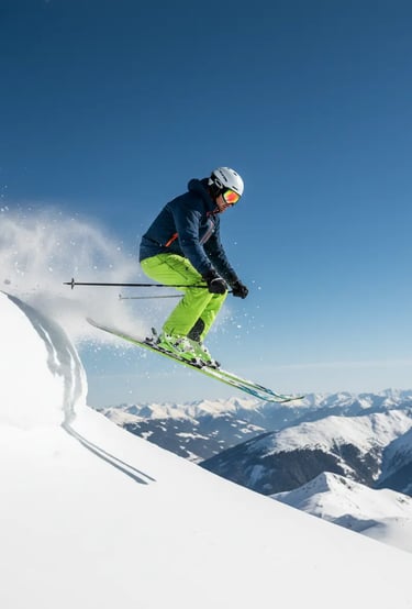 A professional skier in bright green pants jumping through fresh powder snow with a blue sky and mou
