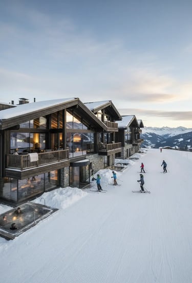 Modern luxury ski-in ski-out chalets with large glass windows located directly on a snowy slope with