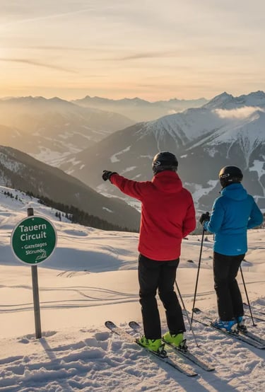 Two skiers standing by a Tauern Circuit sign, watching the sunset over the Alpine mountain range.