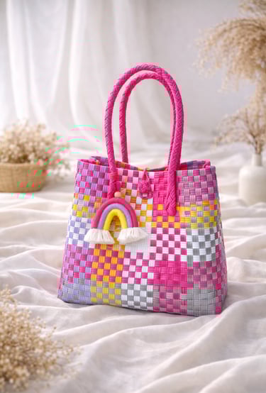 Handmade recycled plastic woven bag pink multicolor combination eco friendly fashion tote by Craftvitas Indonesia