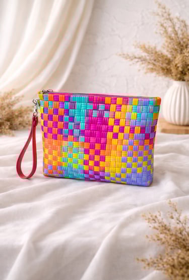 Bright multicolor woven plastic clutch bag with checkered pattern handmade in Indonesia