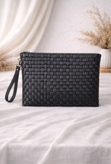 Solid black woven plastic clutch bag handmade minimalist style