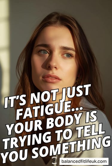 Tired woman looking thoughtful with text about chronic fatigue and body wellness signals.