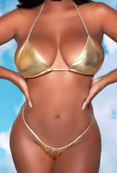 a woman in a bikini top and a gold bikini