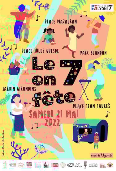 Affiche illustrée représentant le 7e arrondissmeent de Lyon avec des personnages faisant des activités artistiques
