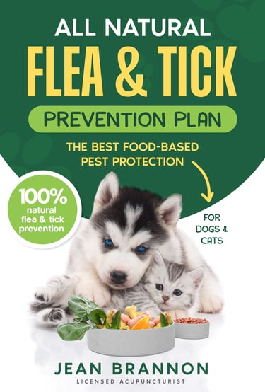 All Natural Flea & Tick Prevention Plan's front cover features a puppy and kitten and natural foods.