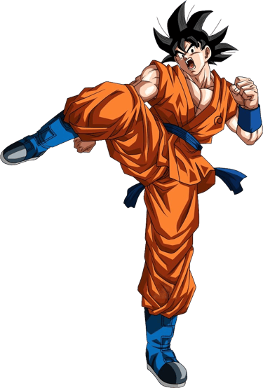 Goku from Dragon Ball Z performing a high kick in his iconic orange martial arts gi.