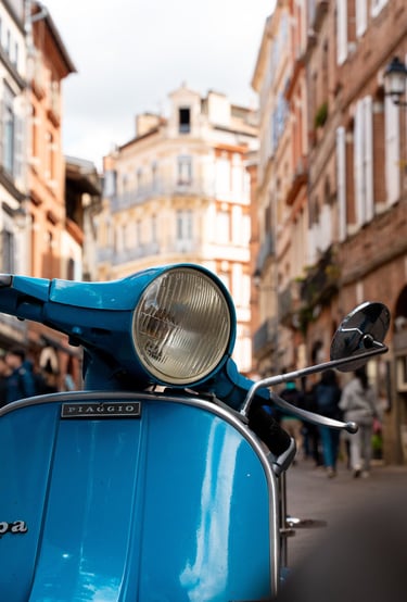 a blue scooter parked on a city street